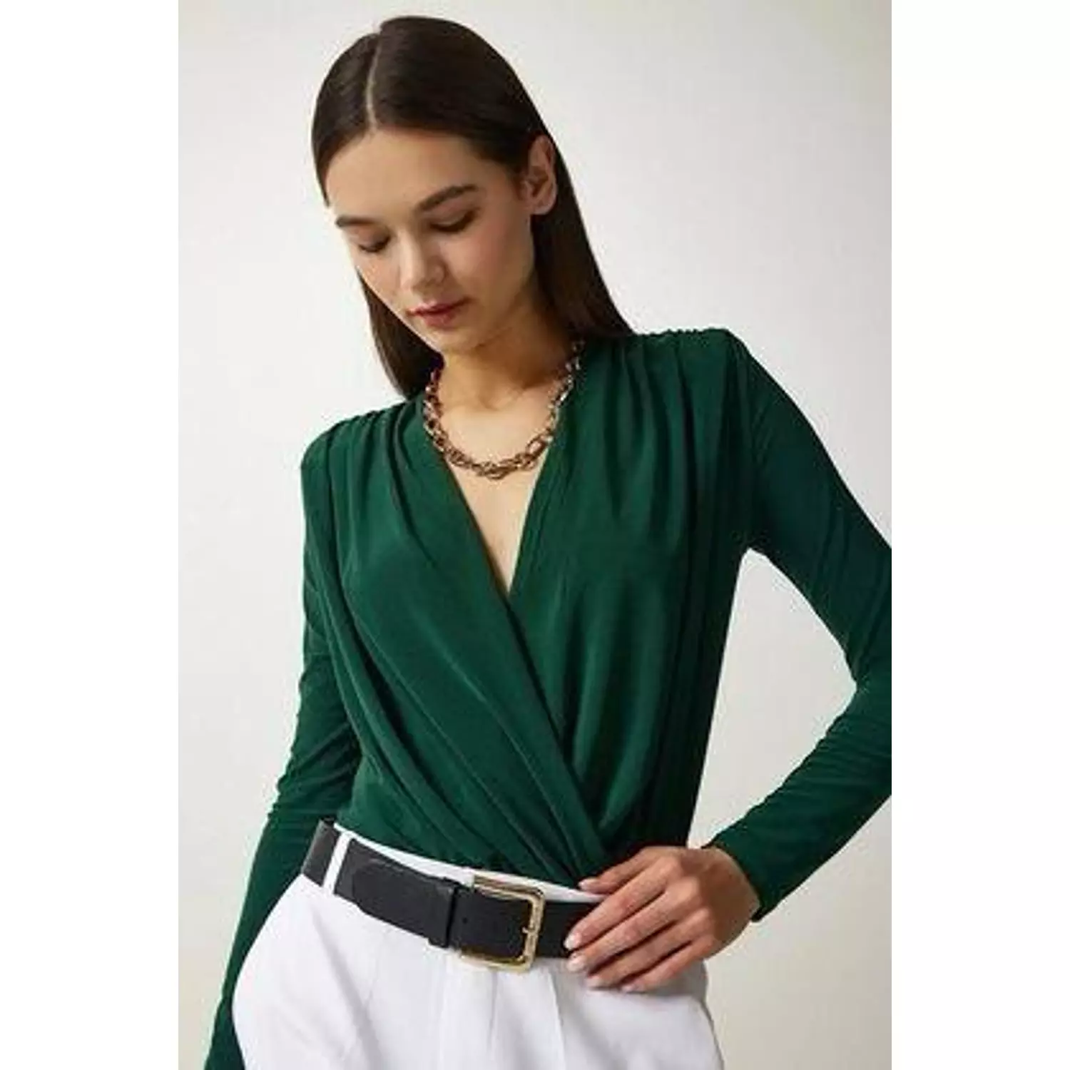 Women's Emerald Green Wrapover Collar Knitted Blouse with Snap Fastener hover image