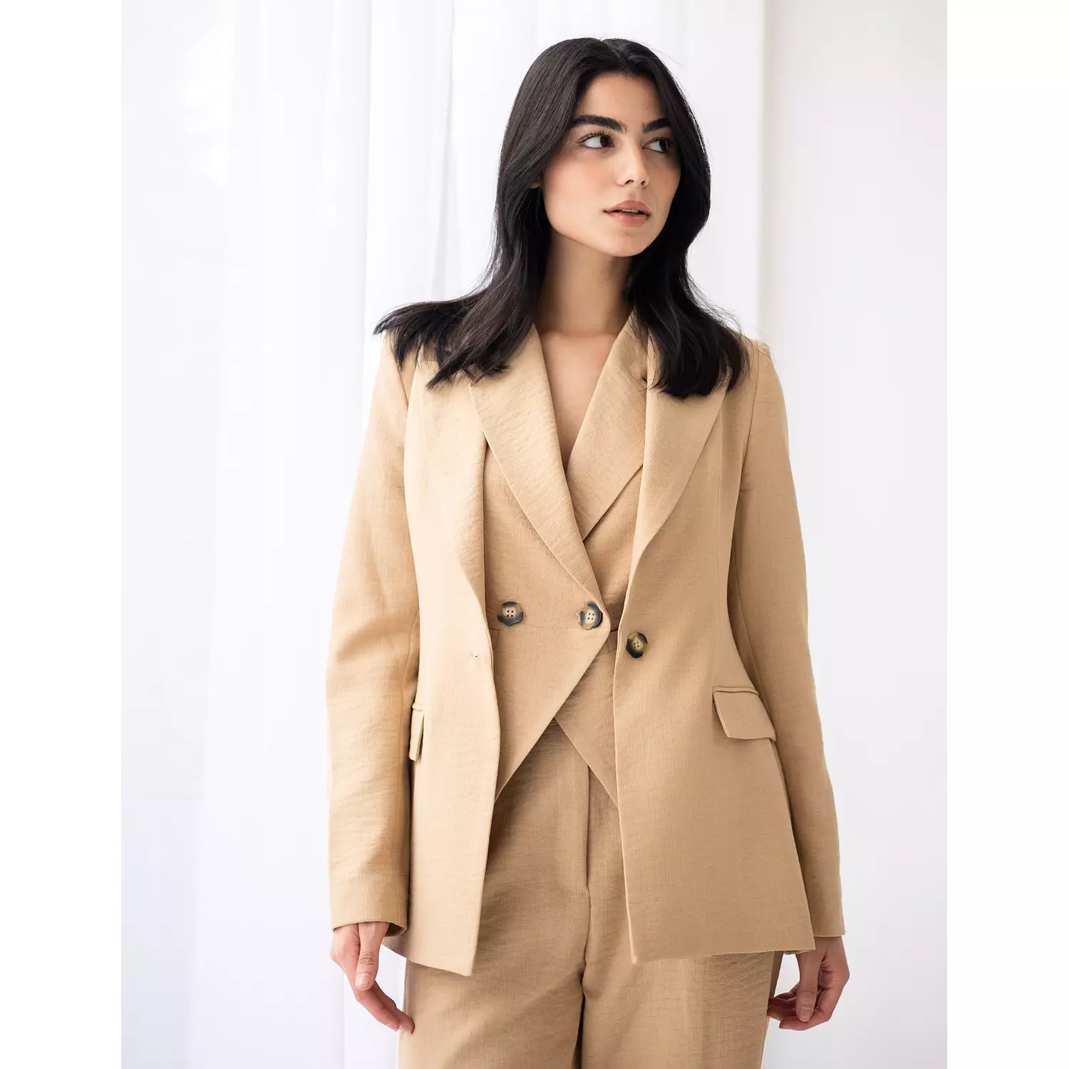 Honey beige linen blazer hover image