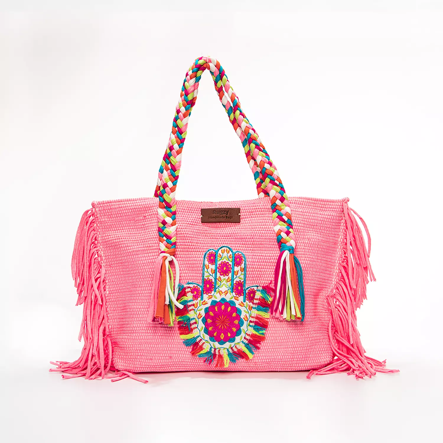 Pink Kilim Tote Bag with Hamsa Hand Badge 0